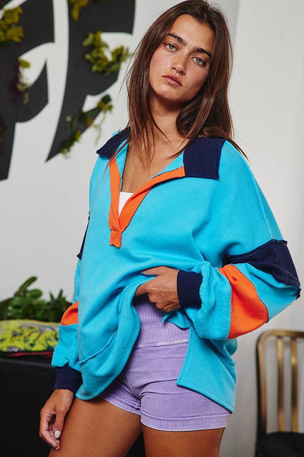 BUCKETLIST - T2004E French Terry Color-block Collared Loose Fit Top: YELLOW/BABYBLUE / S-M-L (2-2-2)
