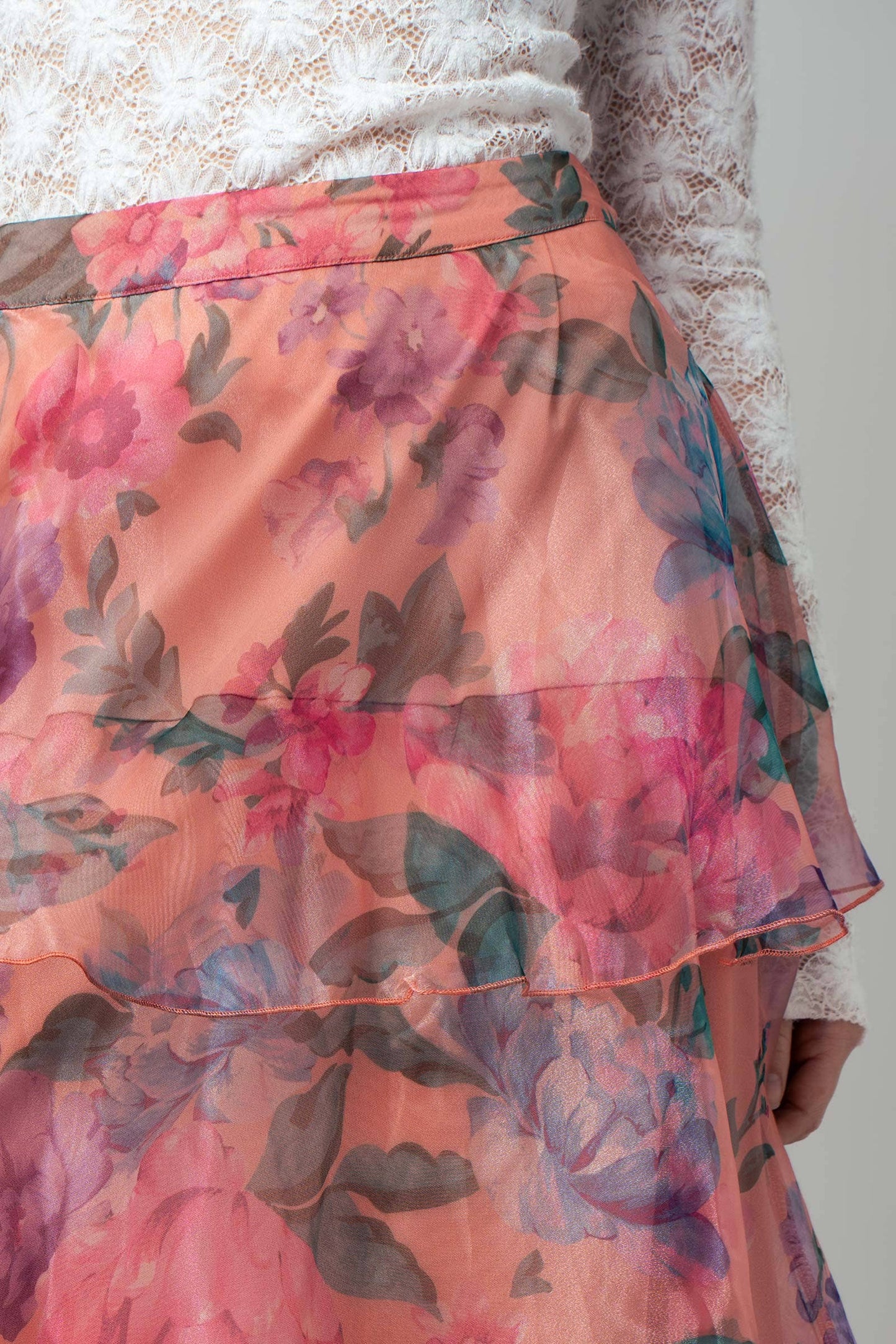 Sheer Floral Print Tiered Organza Maxi Skirt