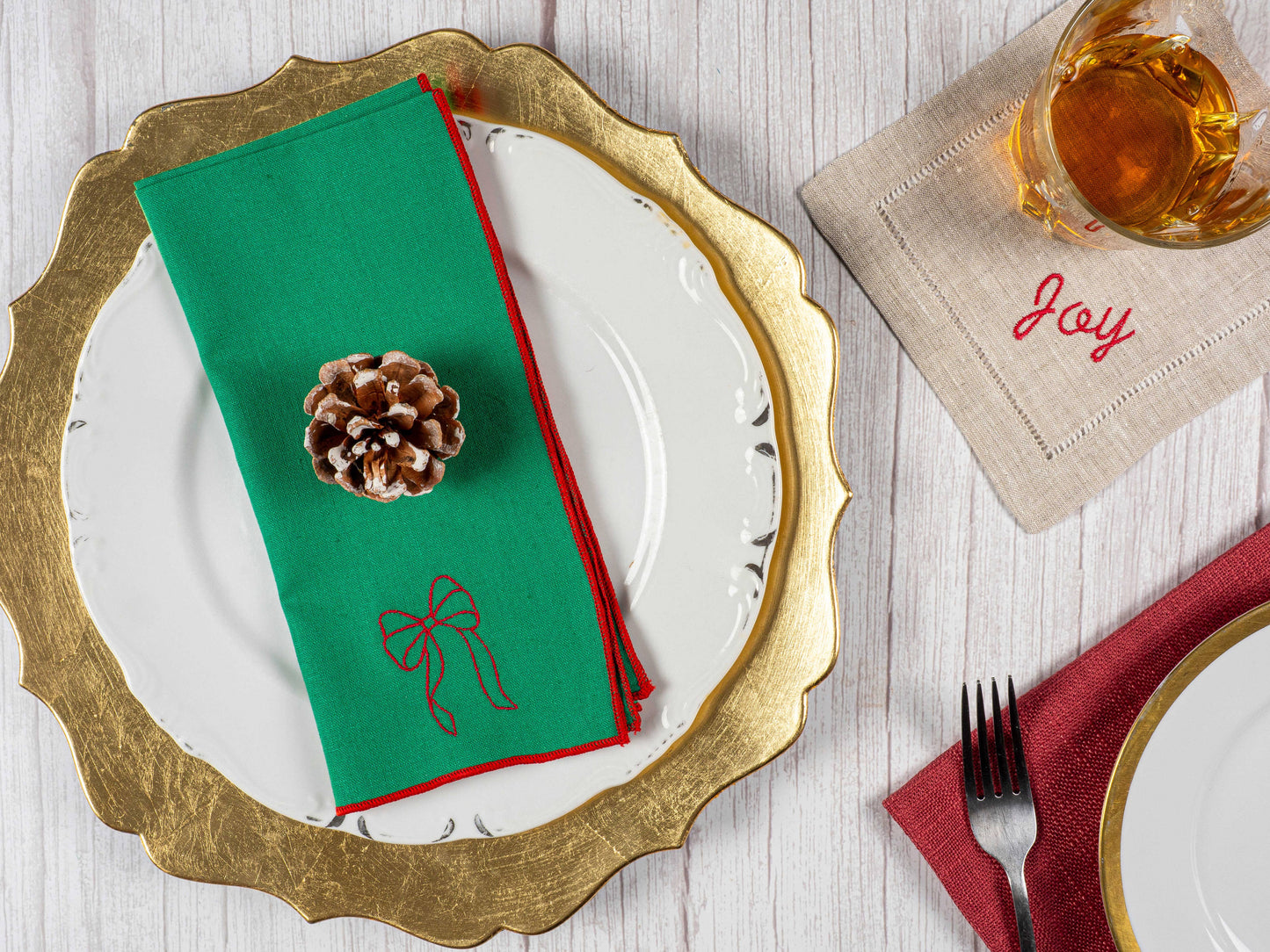 Dot and Army - Green Linen Napkins with Red Bow, set of four