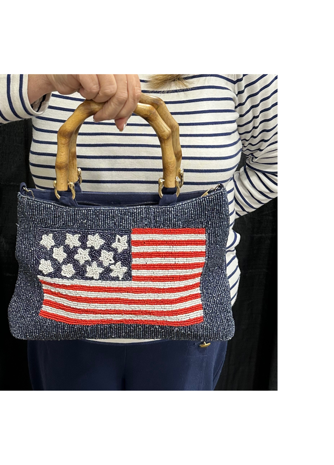 NAVY JANE - Navy Beaded Purse With American Flag Design - Bamboo Handles