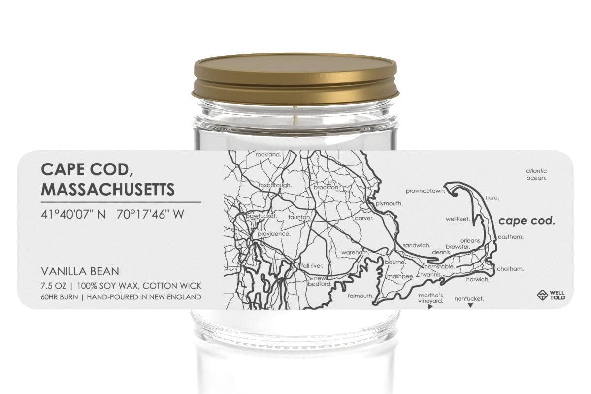 Well Told - Cape Cod MA Map Candle - Clear Jar: Grapefruit Citrus