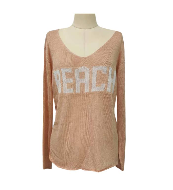 Rosa Clothing - "Beach" Letter Print V-Neck Hollow Knit Blouse