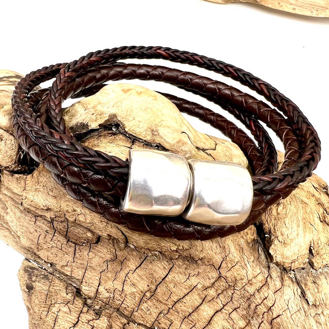 Handmade Coastal Jewelry - Double Braided Leather Wrap Bracelet