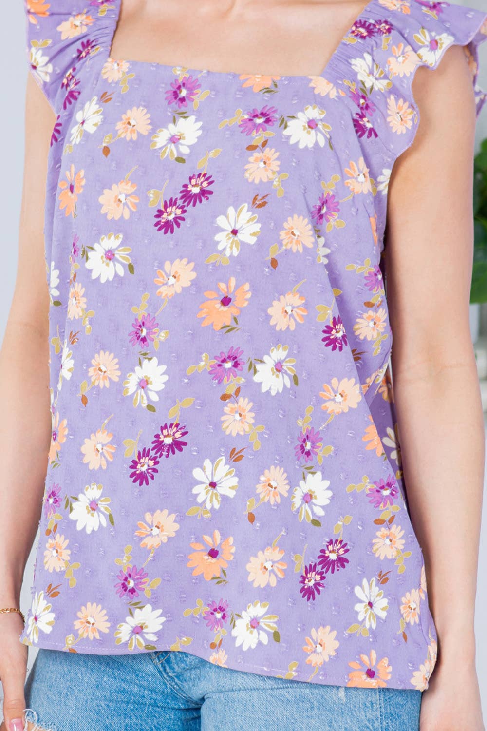 Orange Farm Clothing - Swiss Dot, Flower Print Ruffle Sleeve Top: MEDIUM / Taupe Combo