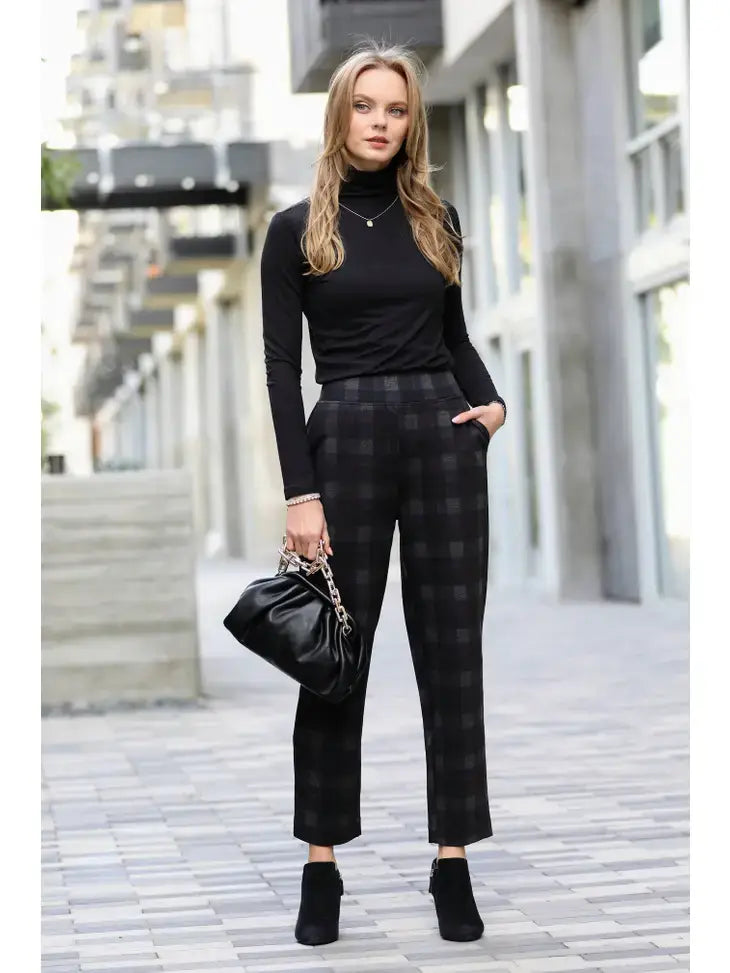 BJ's Closets - Navy Grey Plaid Pull-On Stretch Dress Pants with Pockets