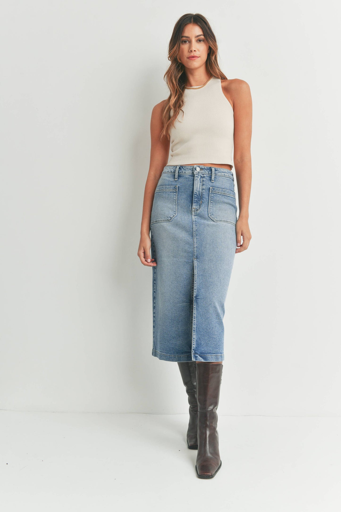JUST BLACK DENIM - BK445J - MED - Utility Pocket Midi Skirt