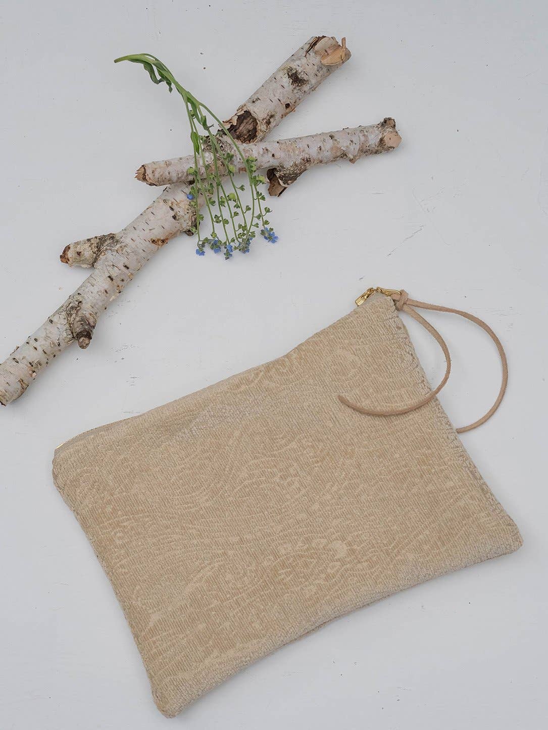Ash & Rose - French Cream Chenille Purse Zip Pouch Clutch Mini Upcycled