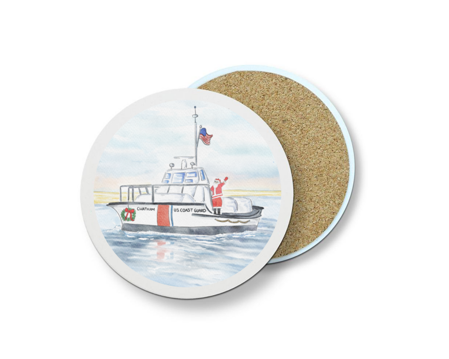 WonderfullyWrittenCo - Santa Cape Cod Coast Guard Boat Stone Coasters - Set of 4