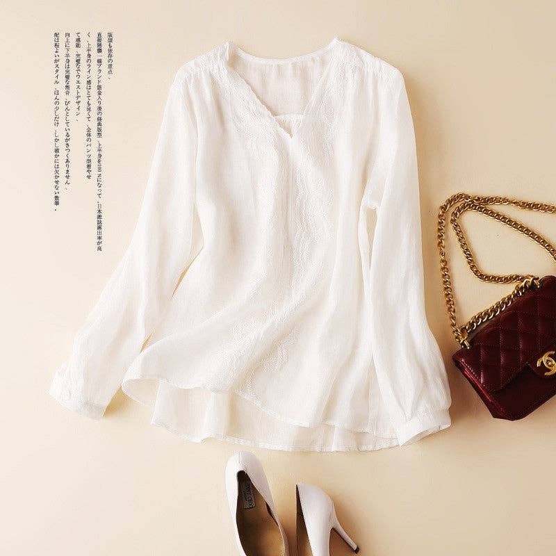 OriginHey - Women's Pure Cotton Embroidered T-Shirt With V-Neck