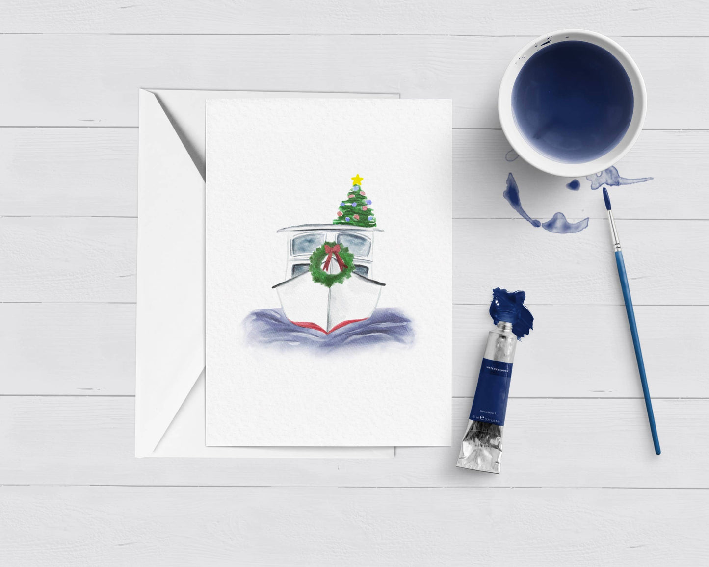 WonderfullyWrittenCo - Santa's Sleigh Boat Watercolor Christmas Card Boxed Set