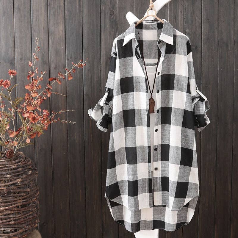 OriginHey - Long Size Women's Loose Slim Fashion Plaid Blouse