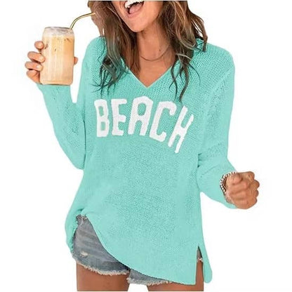 Rosa Clothing - "Beach" Letter Print V-Neck Hollow Knit Blouse