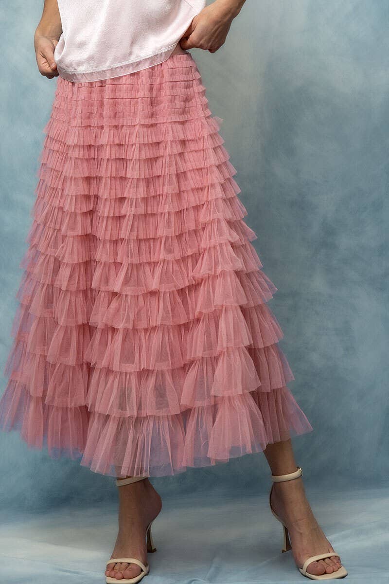 Urban Daizy - Tiered Tulle Midi Skirt with Romantic Ruffles