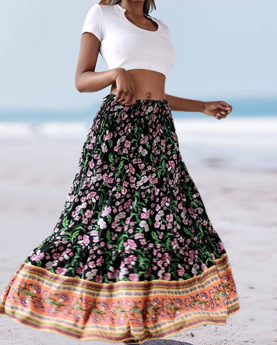Rosa Clothing - Swing Style Bohemia Ethnic Floral maxi skirt
