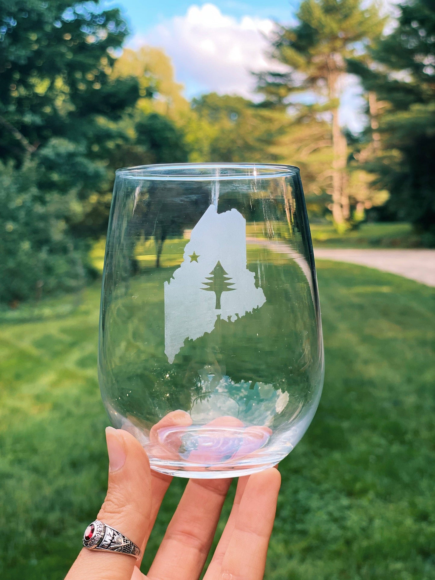 Reclaimed Maine Co. - Maine Flag Etched Stemless Wine Glass | Maine Souvenir
