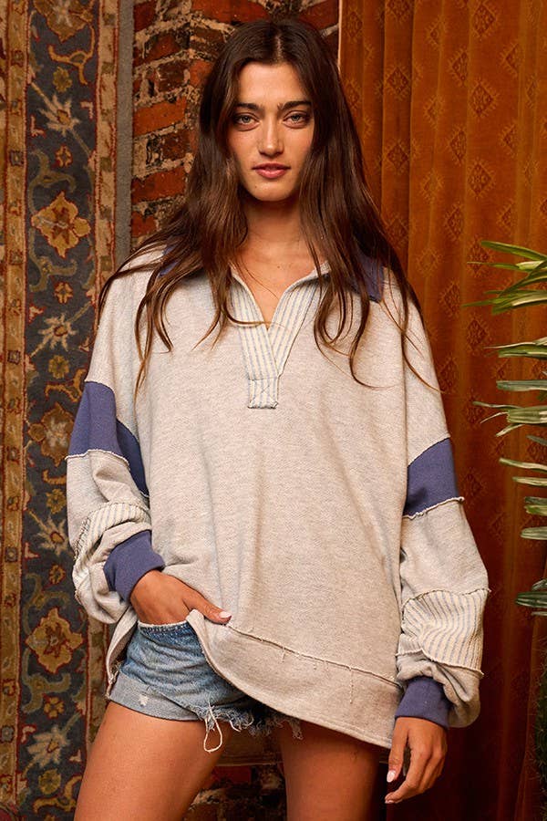 BUCKETLIST - T2004 -French Terry Knit Color-block Collared Loose Fit Top: S-M-L (2-2-2) / SAGE/CREAM