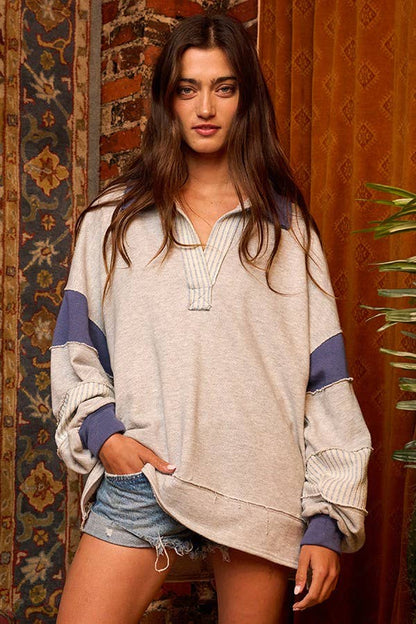 BUCKETLIST - T2004 -French Terry Knit Color-block Collared Loose Fit Top: S-M-L (2-2-2) / IVORY/PINK