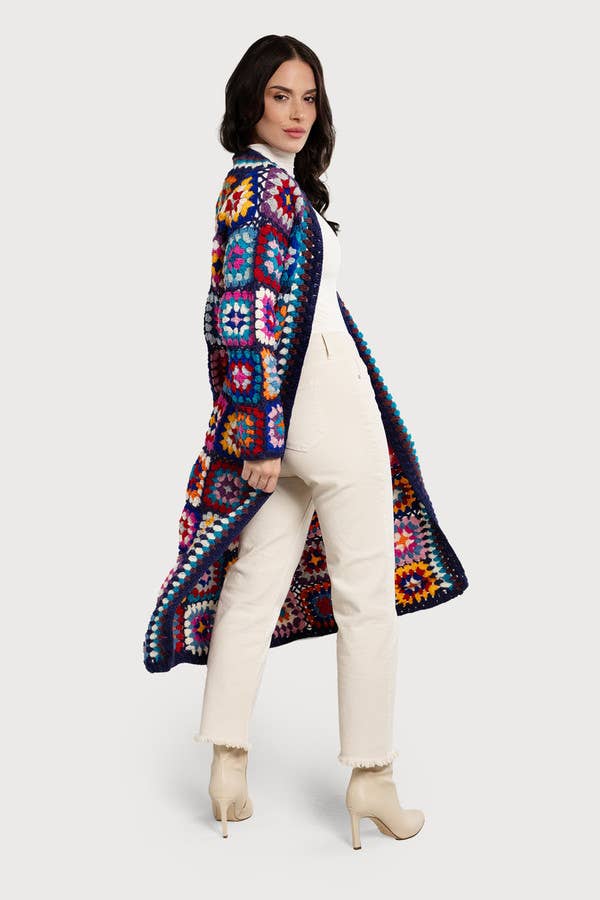 SAACHI - Woolen Granny Square Crochet Kimono: Brown