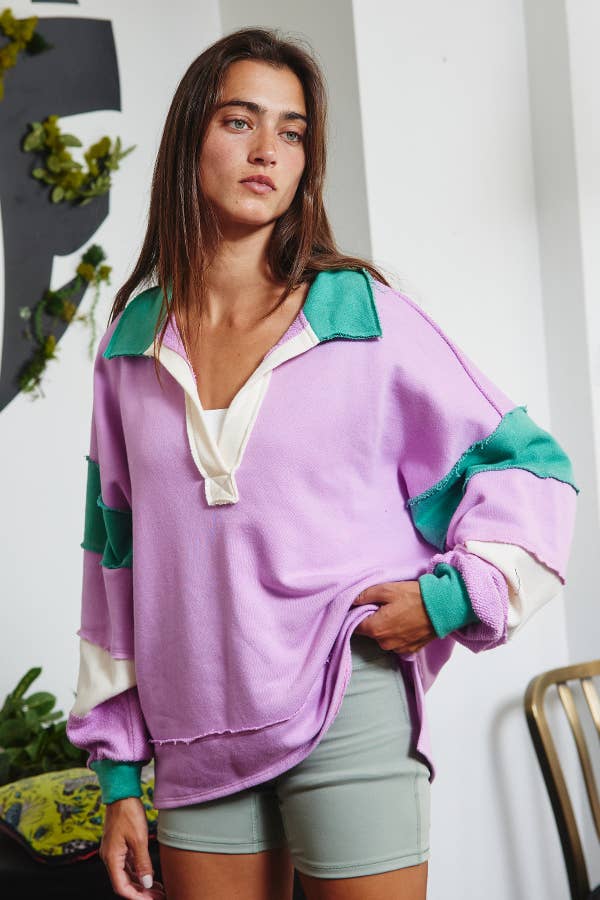 BUCKETLIST - T2004E French Terry Color-block Collared Loose Fit Top: YELLOW/BABYBLUE / S-M-L (2-2-2)