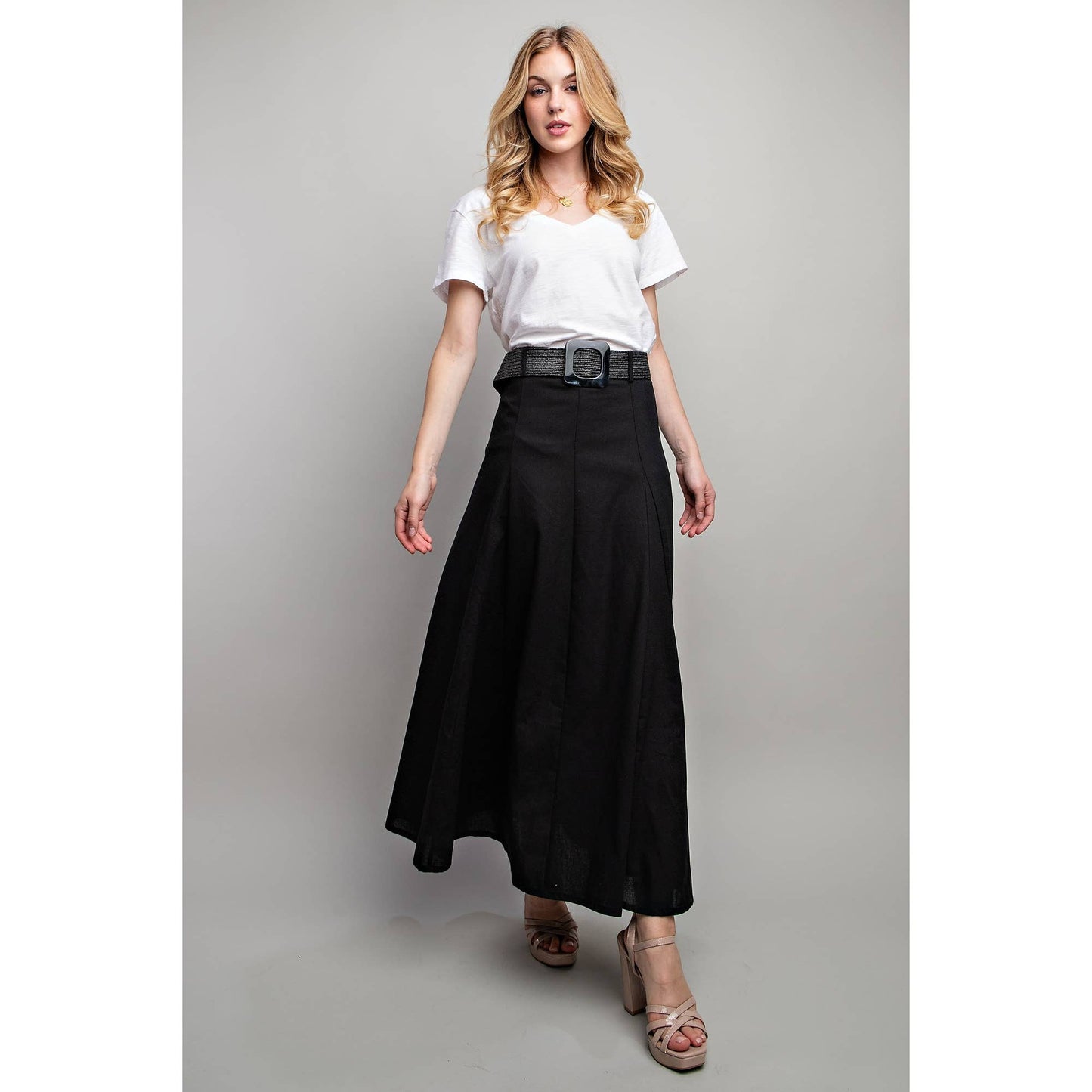 Sweet Generis - LINEN MAXI FLARE SKIRT with TRIM BELT