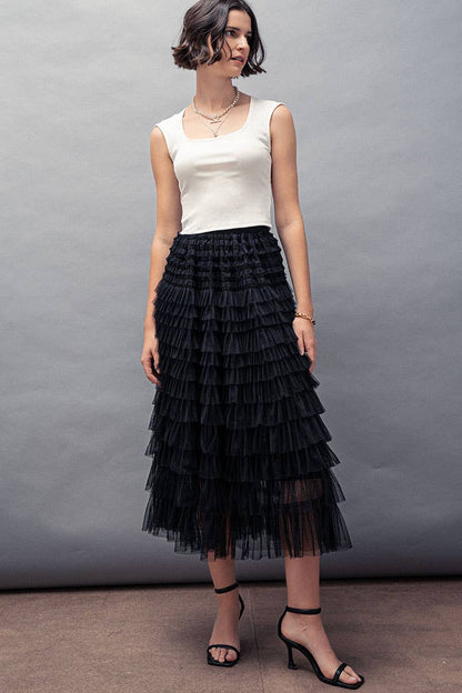 Urban Daizy - Tiered Tulle Midi Skirt with Romantic Ruffles