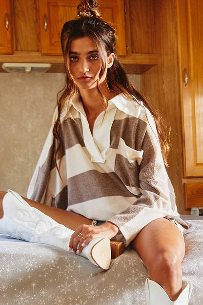 BUCKETLIST - T1211 Soft Brush Striped Big Collared Pullover Sweatshirt: S-M-L (2-2-2) / DENIM/CREAM