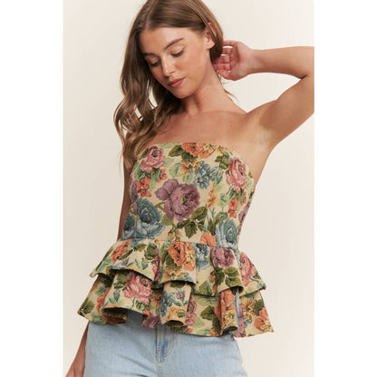 Sweet Generis - VINTAGE FLORAL PRINT WOVEN PEPLUM TIERED TUBE TOP