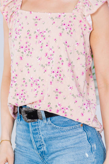 Orange Farm Clothing - Swiss Dot, Flower Print Ruffle Sleeve Top: SMALL / Pink Combo