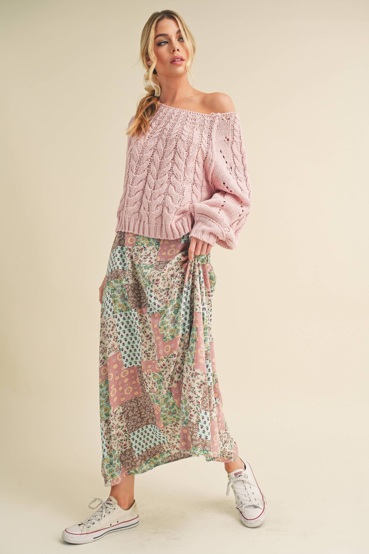 AEMI + CO - 773DN Bradyn Patchwork Print Skirt: L / Contemporary / Mint/Pink