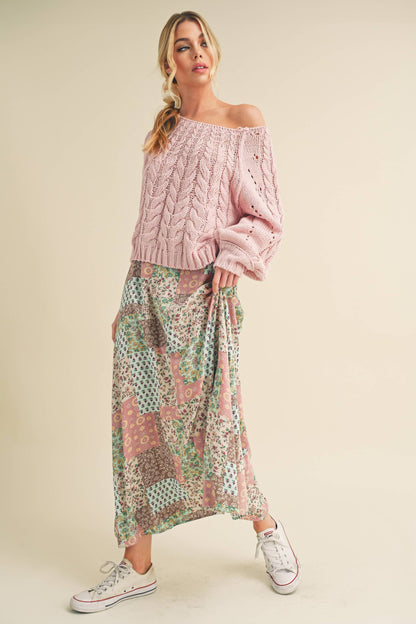 AEMI + CO - 773DN Bradyn Patchwork Print Skirt: L / Contemporary / Mint/Pink