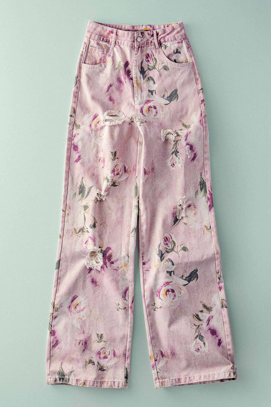 Urban Daizy - Romantic Rose Print High-Rise Denim Pants