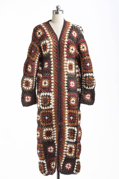 SAACHI - Woolen Granny Square Crochet Kimono: Brown