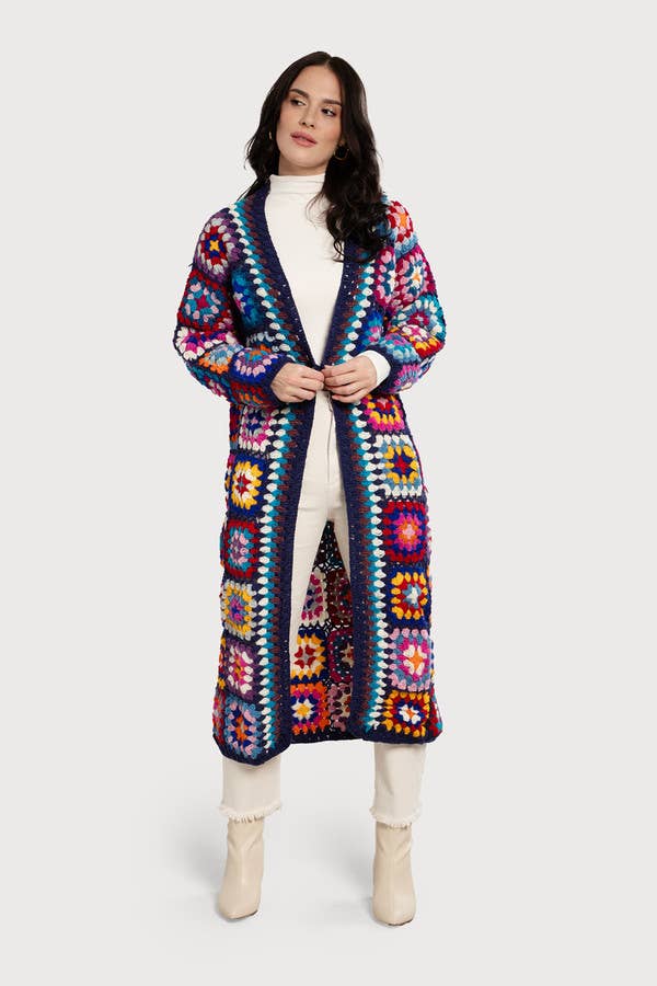 SAACHI - Woolen Granny Square Crochet Kimono: Navy