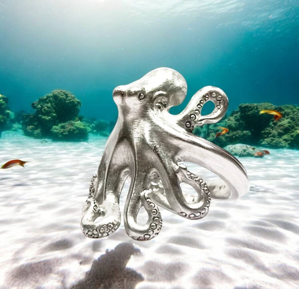 Big Blue by Roland St John - Octopus Ring Sterling Silver Adjustable Octopus Ring Sea Life Ring Scuba Diving Jewelry Gifts For Octopus Lovers