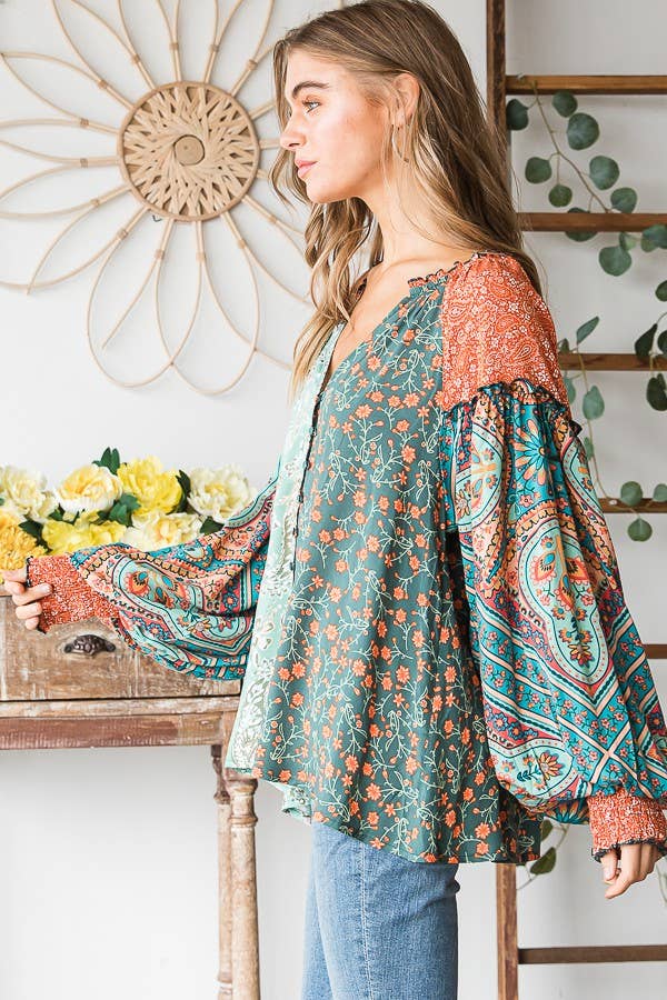 Oli&Hali - BUTTON FRONT PRINT MIXED BLOUSE - JT0191: PINK / S