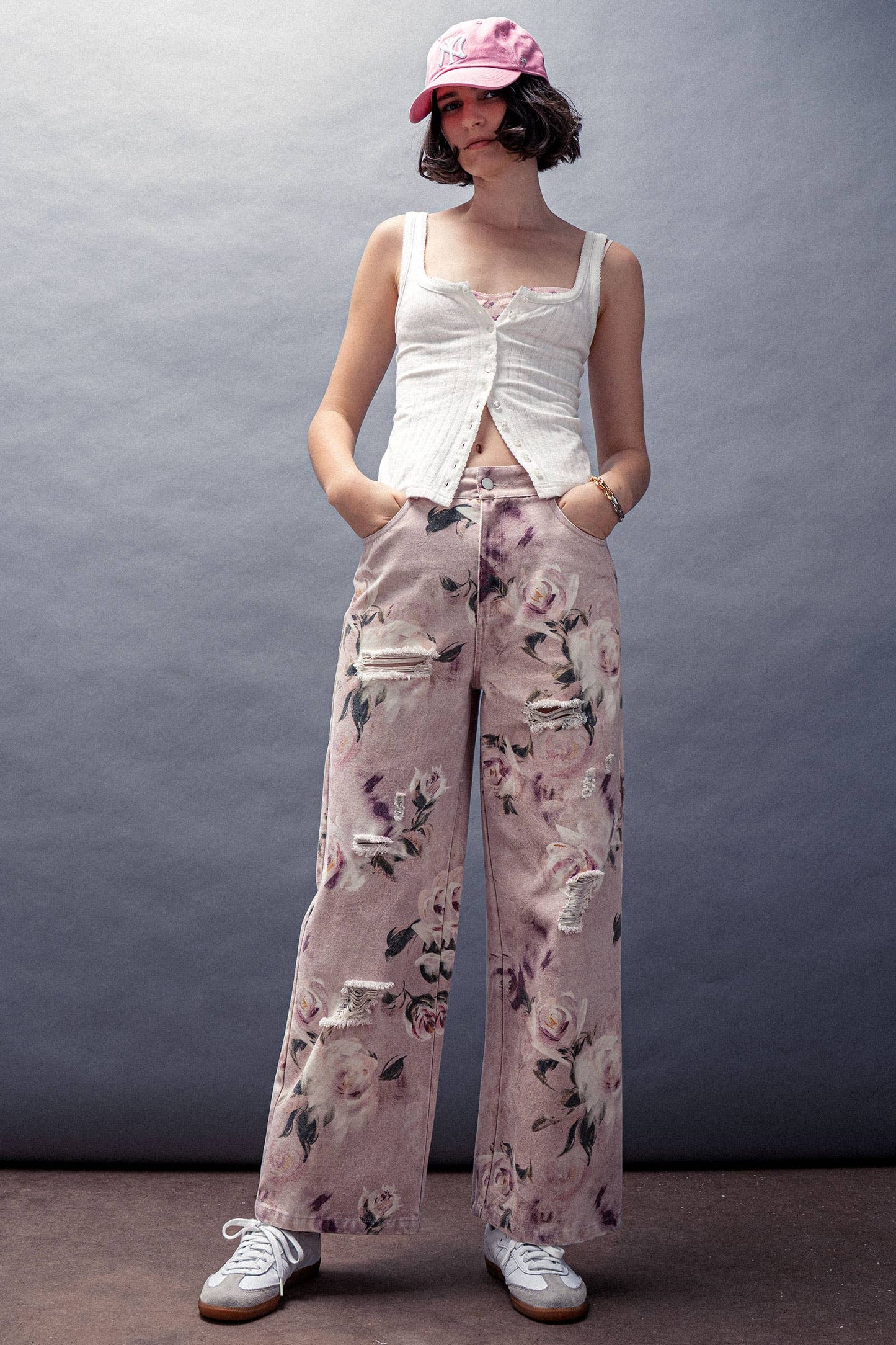 Urban Daizy - Romantic Rose Print High-Rise Denim Pants
