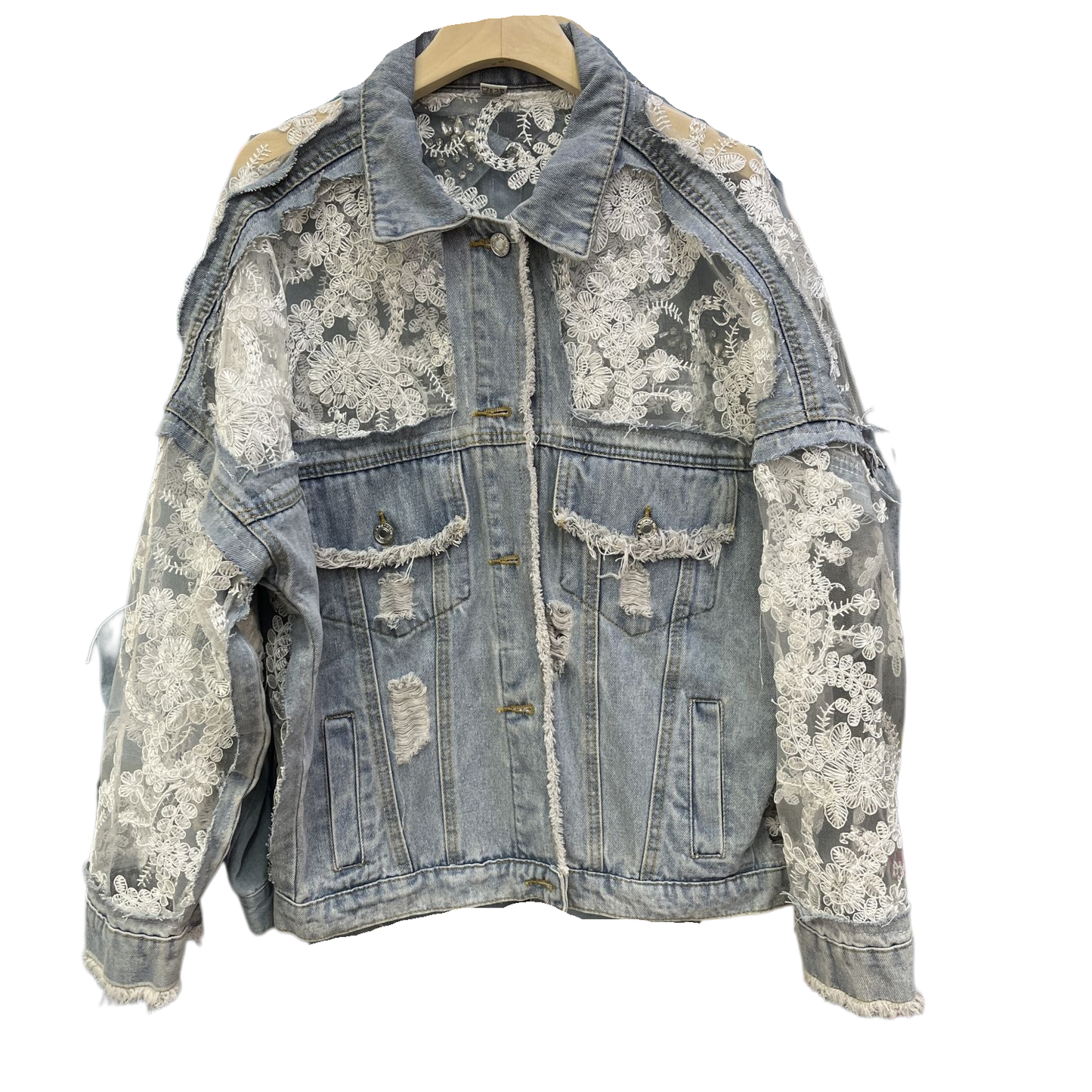 Rosa Clothing - Sheer Floral Lightweight Embroidered Lace Denim Jacket