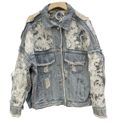 Rosa Clothing - Sheer Floral Lightweight Embroidered Lace Denim Jacket