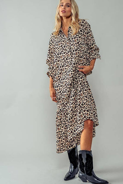 Urban Daizy - LEOPARD PRINT RUFFLE HEM BUTTON MAXI DRESS: LEOPARD / S-2/M-2/L-2