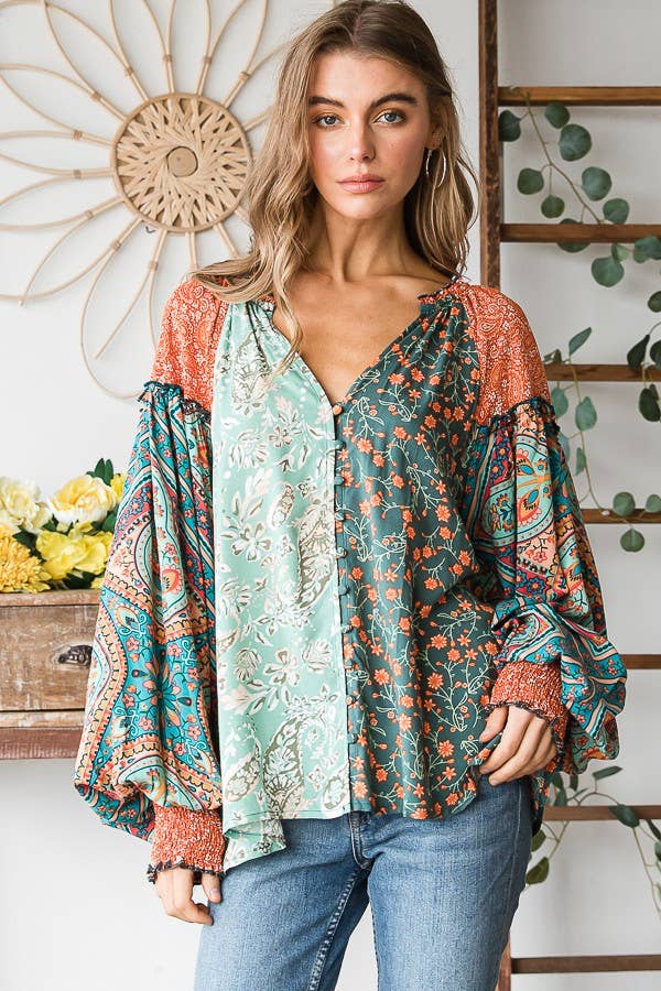 Oli&Hali - BUTTON FRONT PRINT MIXED BLOUSE - JT0191: PINK / M