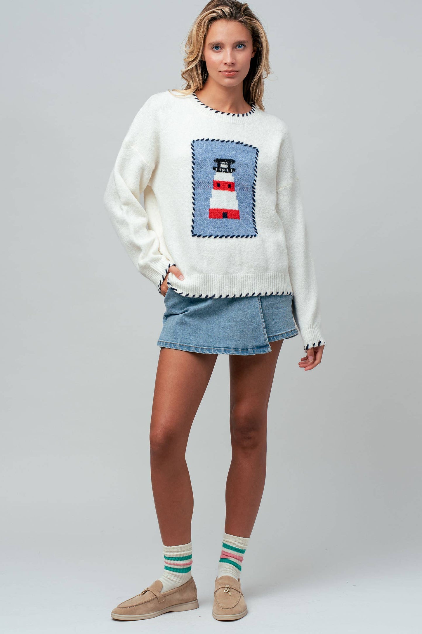 Whipstitch Trim Lighthouse Knit Sweater