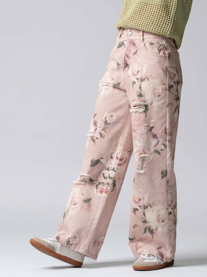 Urban Daizy - Romantic Rose Print High-Rise Denim Pants