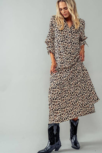 Urban Daizy - LEOPARD PRINT RUFFLE HEM BUTTON MAXI DRESS: LEOPARD / S-2/M-2/L-2