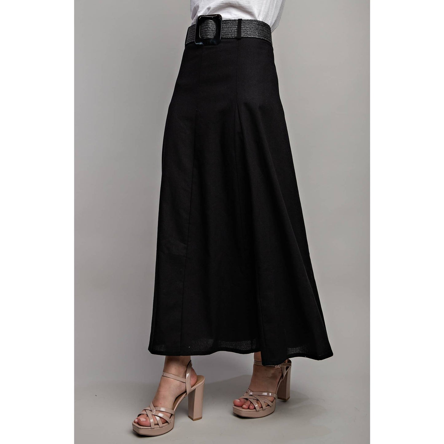 Sweet Generis - LINEN MAXI FLARE SKIRT with TRIM BELT