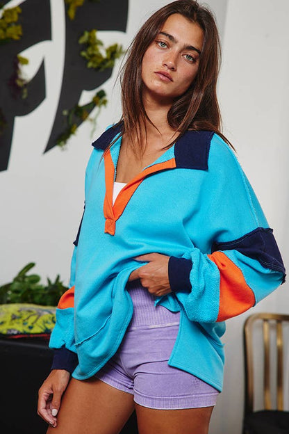 BUCKETLIST - T2004E French Terry Color-block Collared Loose Fit Top: YELLOW/BABYBLUE / S-M-L (2-2-2)