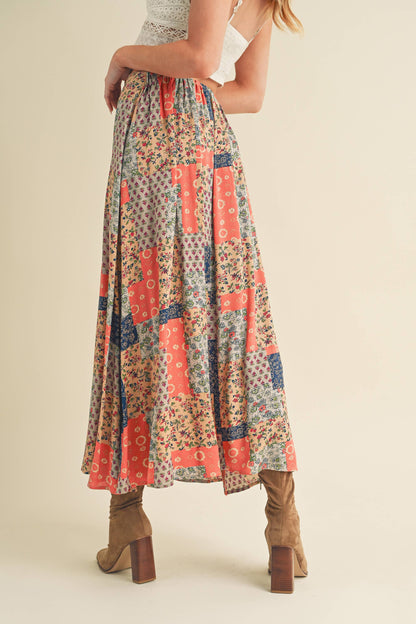 AEMI + CO - 773DN Bradyn Patchwork Print Skirt: M / Contemporary / Mint/Pink