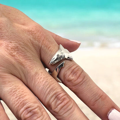 Big Blue by Roland St John - Shark Ring Sterling Silver Adjustable Shark Ring Sea Life Ring Scuba Diving Jewelry Gifts For Shark Lovers