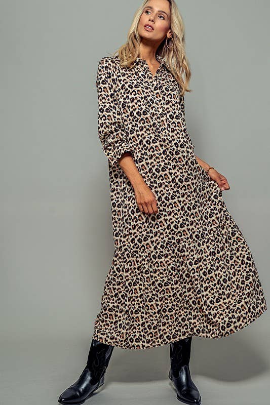 Urban Daizy - LEOPARD PRINT RUFFLE HEM BUTTON MAXI DRESS: LEOPARD / S-2/M-2/L-2