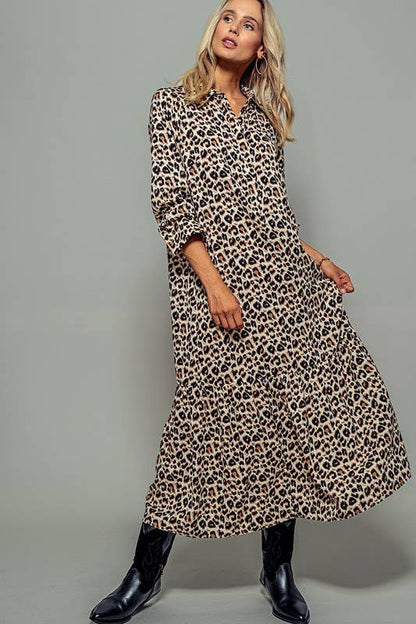 Urban Daizy - LEOPARD PRINT RUFFLE HEM BUTTON MAXI DRESS: LEOPARD / S-2/M-2/L-2