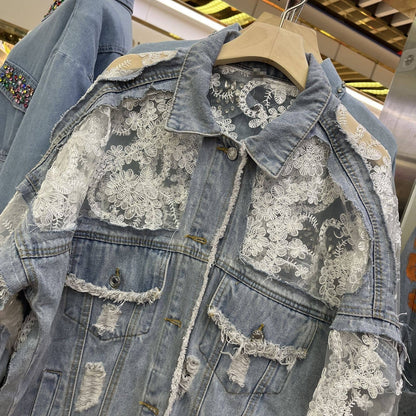Rosa Clothing - Sheer Floral Lightweight Embroidered Lace Denim Jacket